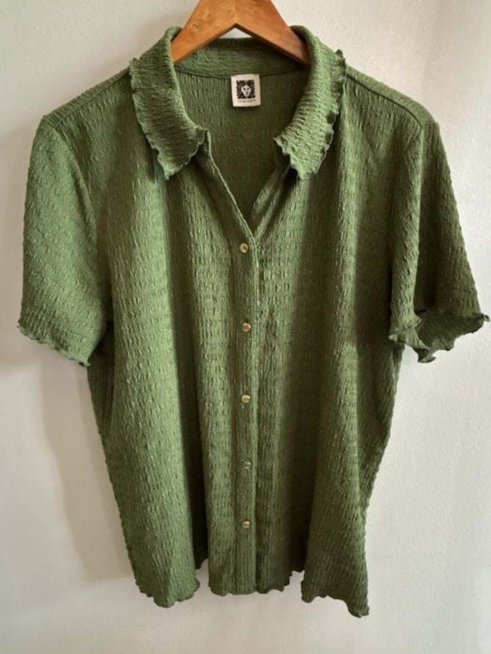 Anne Klein Sage Green Textured Short Sleeve Button Down Shirt